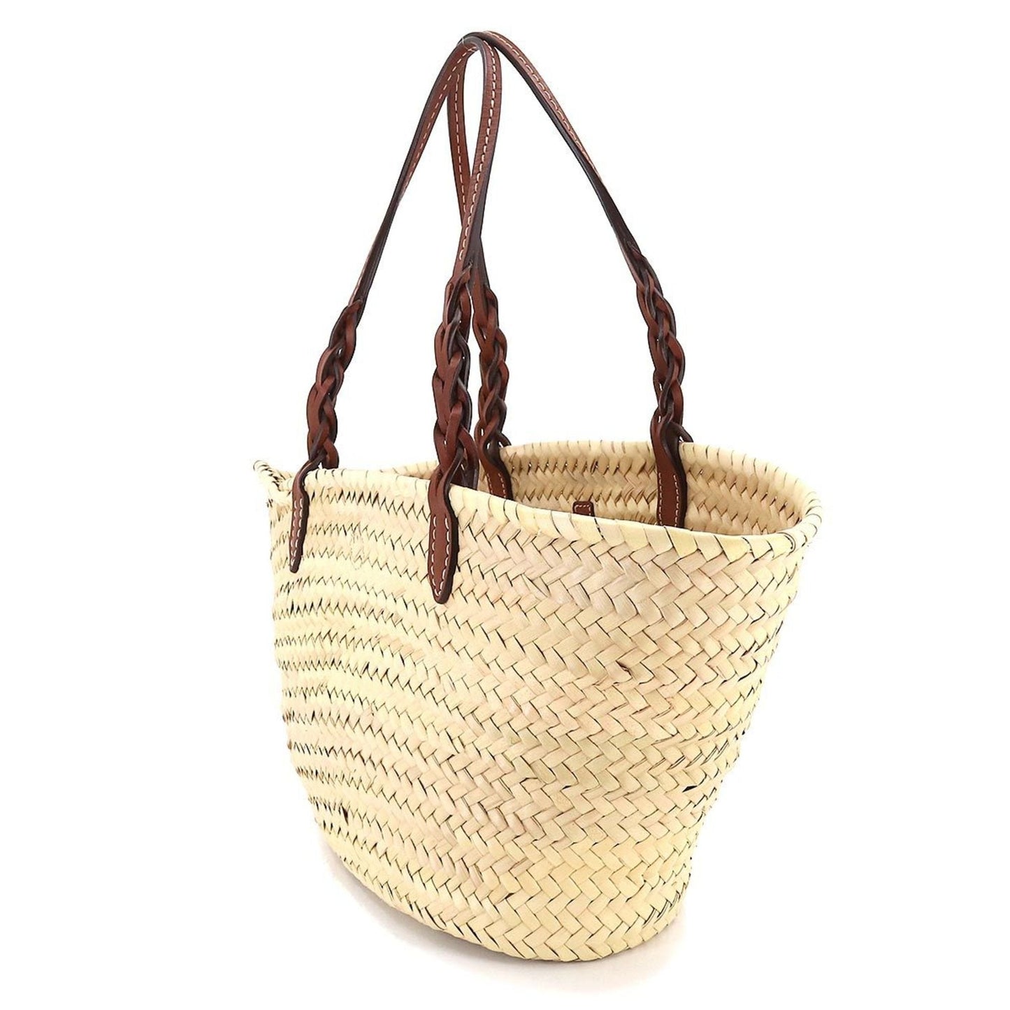 PRADA tote bag wicker leather natural cognac 1BG314 silver metal fittings woven palm Tote Bag