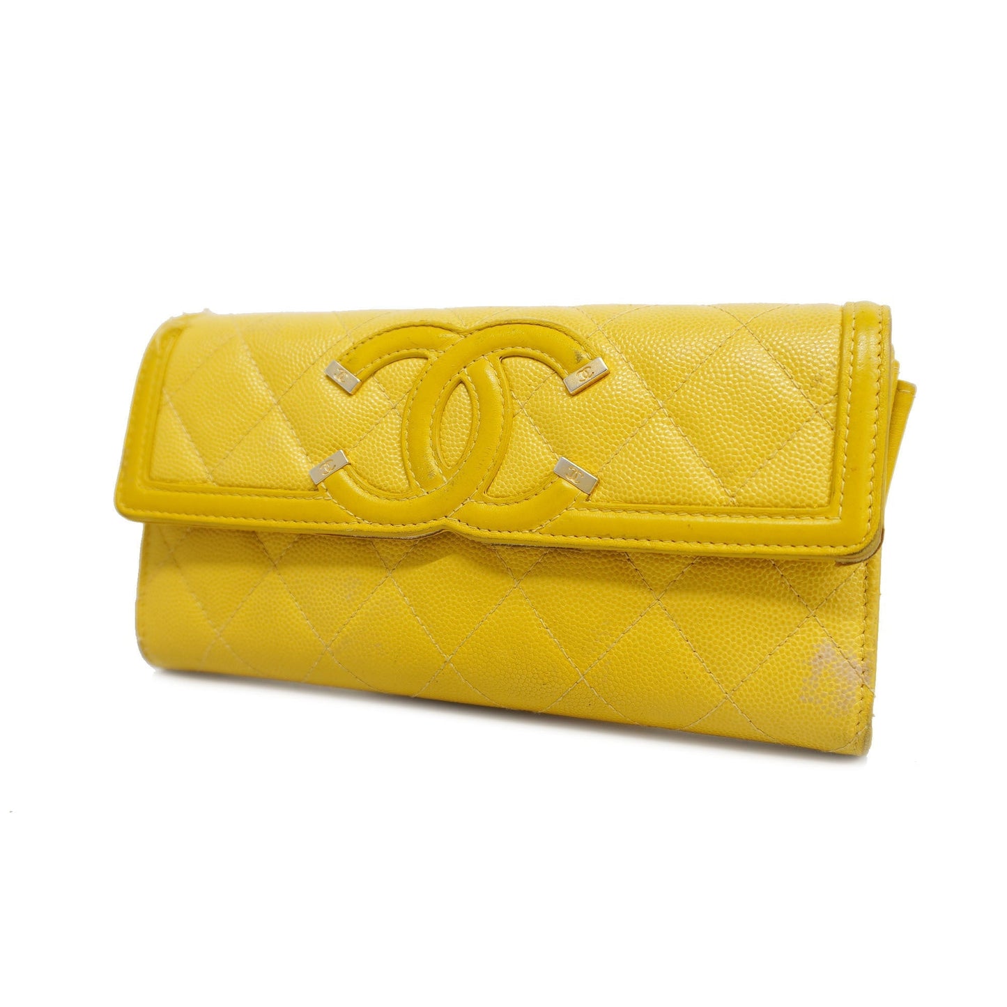 CHANEL  CC Filigree Gold Hardware Women's Caviar Leather Long Wallet Yellow