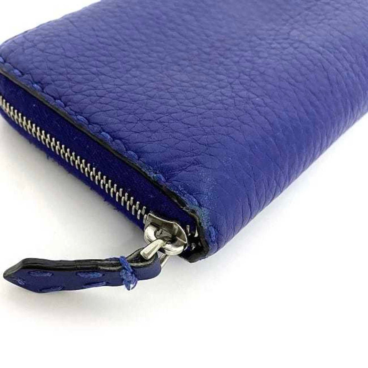 FENDI Round Long Wallet Blue Selleria Leather