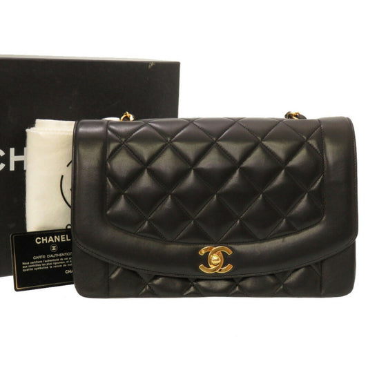 CHANEL Diana 25 Medium Matelasse Lambskin Black Gold Chain Shoulder Bag Cocomark Turnlock