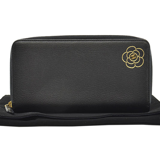 Chanel Long Wallet Butterfly Camellia Black x Gold Leather Metal Material Round Zipper Women's