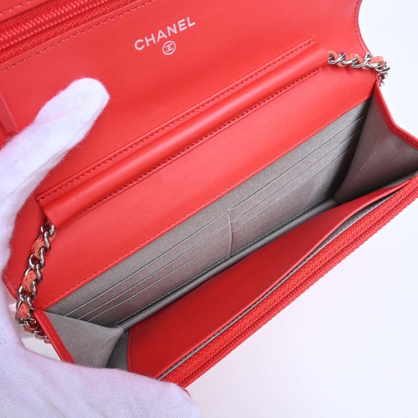 CHANEL Caviar Skin Coco Mark Chain Shoulder Long Wallet Orange Ladies