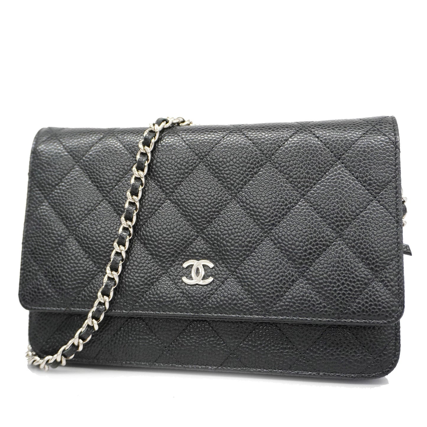 CHANEL  Matelasse Silver Hardware Caviar Leather Chain/Shoulder Wallet Black