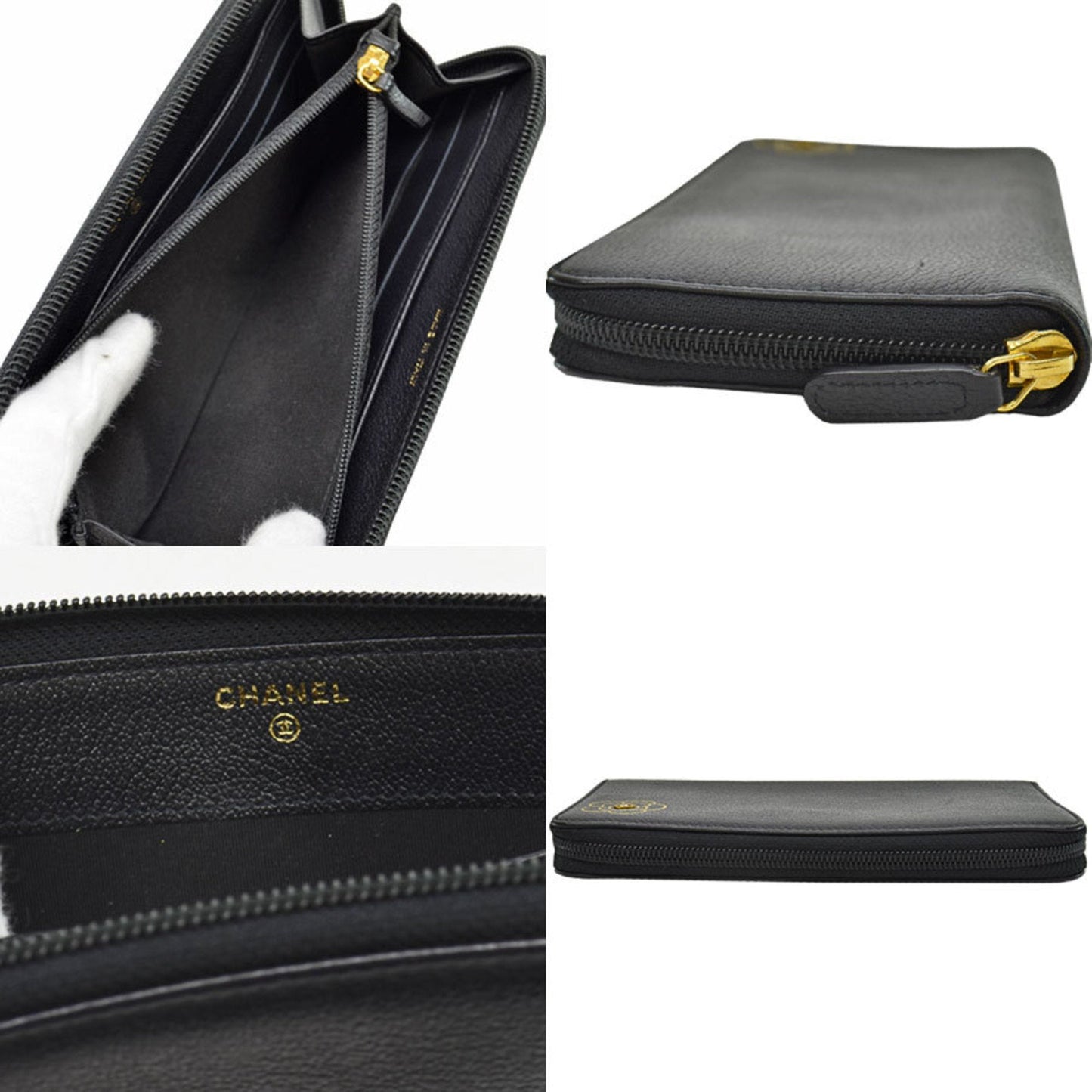 Chanel Long Wallet Butterfly Camellia Black x Gold Leather Metal Material Round Zipper Women's