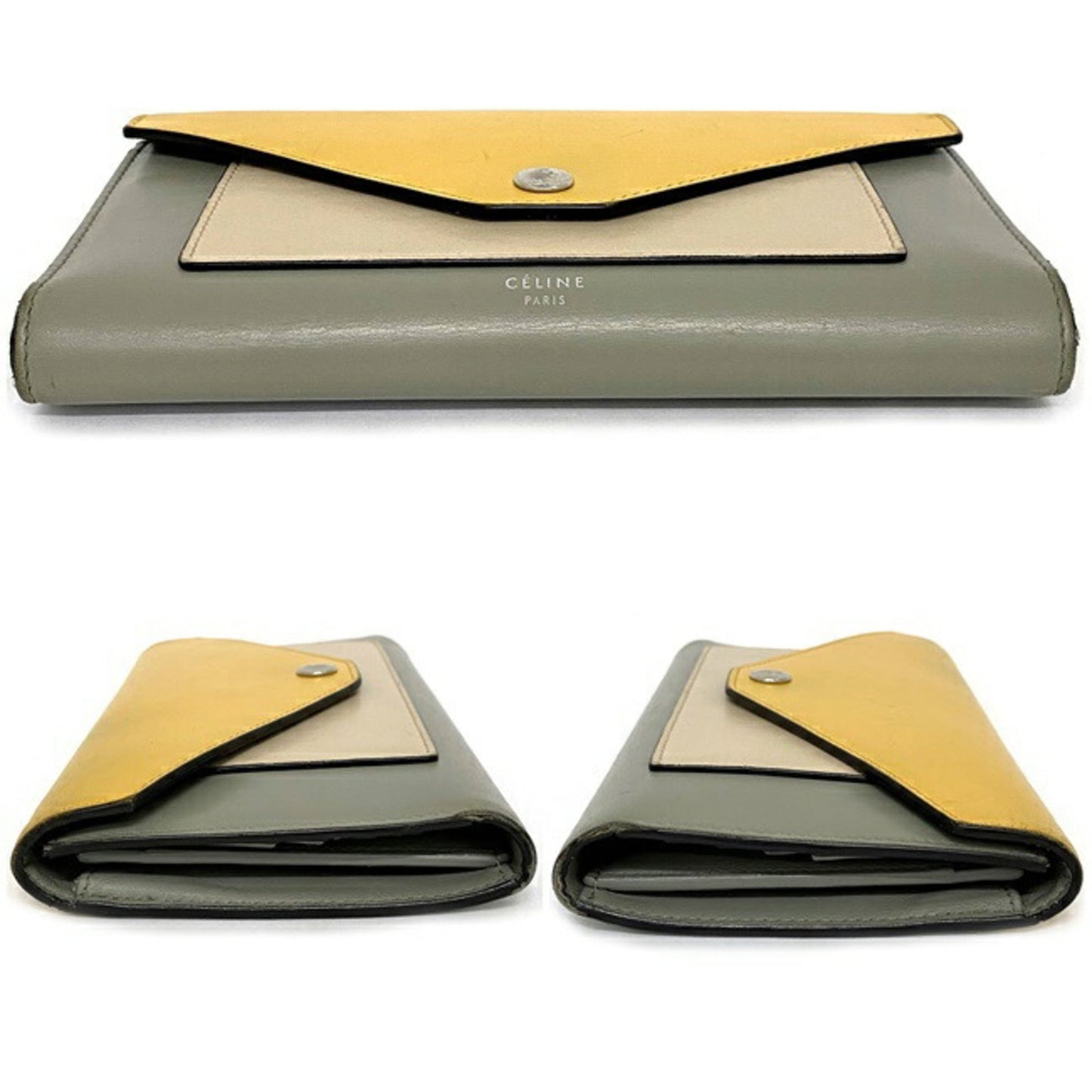 Celine Tri-Fold Wallet Trifold Multifunction Yellow Gray Beige 105853 Leather Celine Calfskin Women's Genuine