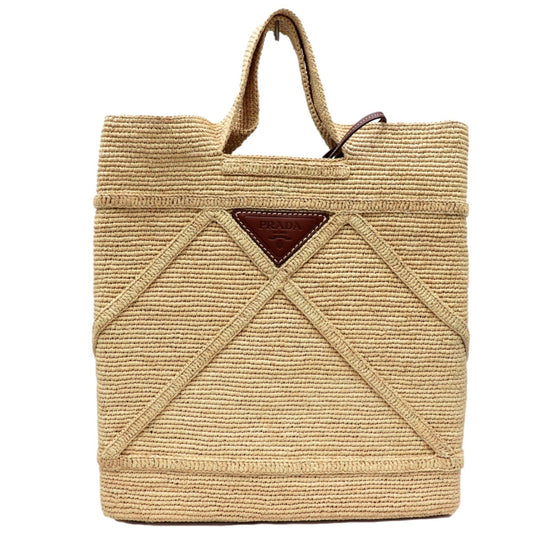 Prada 21SS raffia tote bag ladies beige triangle plate with leather pouch straw 1BG330 PRADA