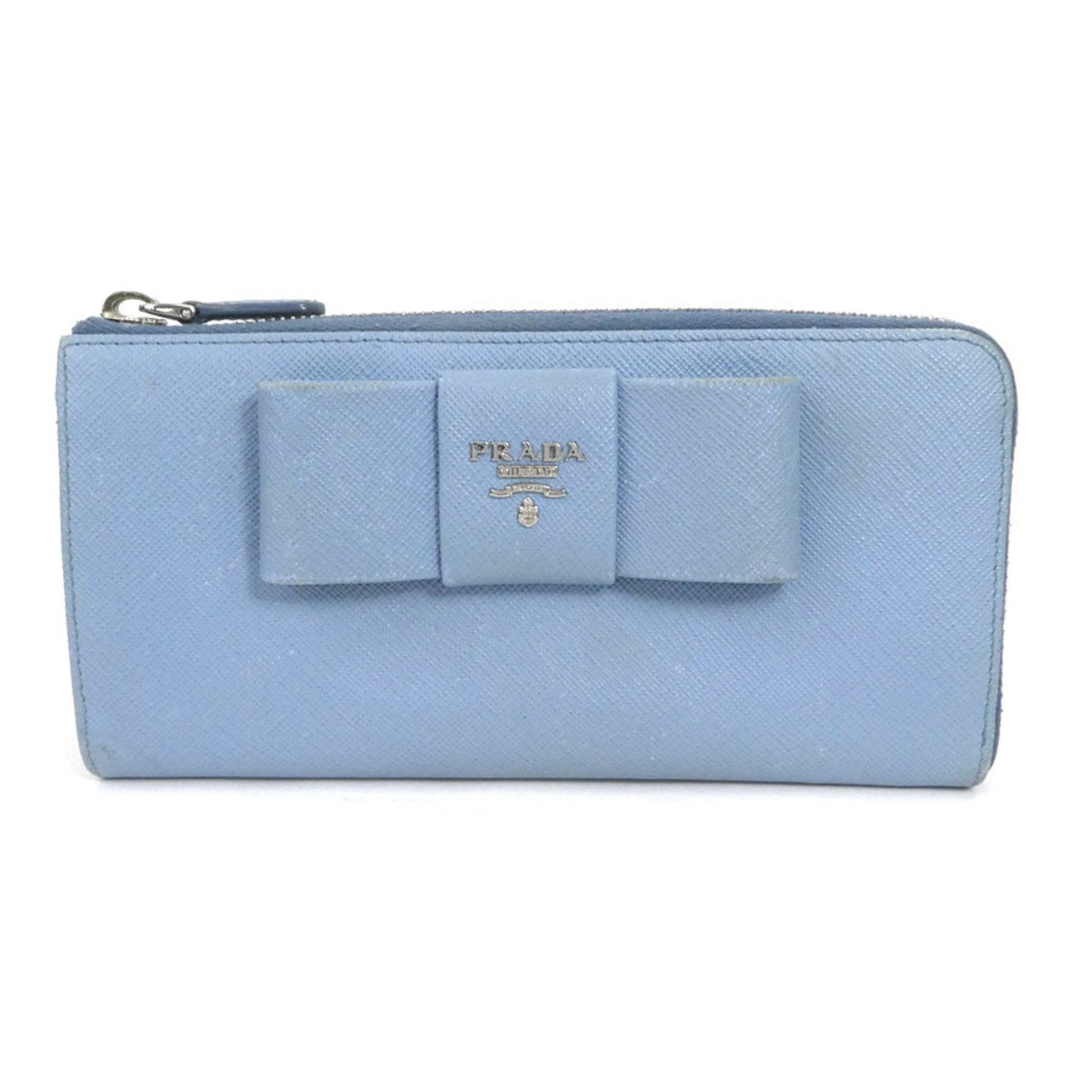 PRADA L-shaped zipper long wallet logo ribbon leather light blue silver ladies