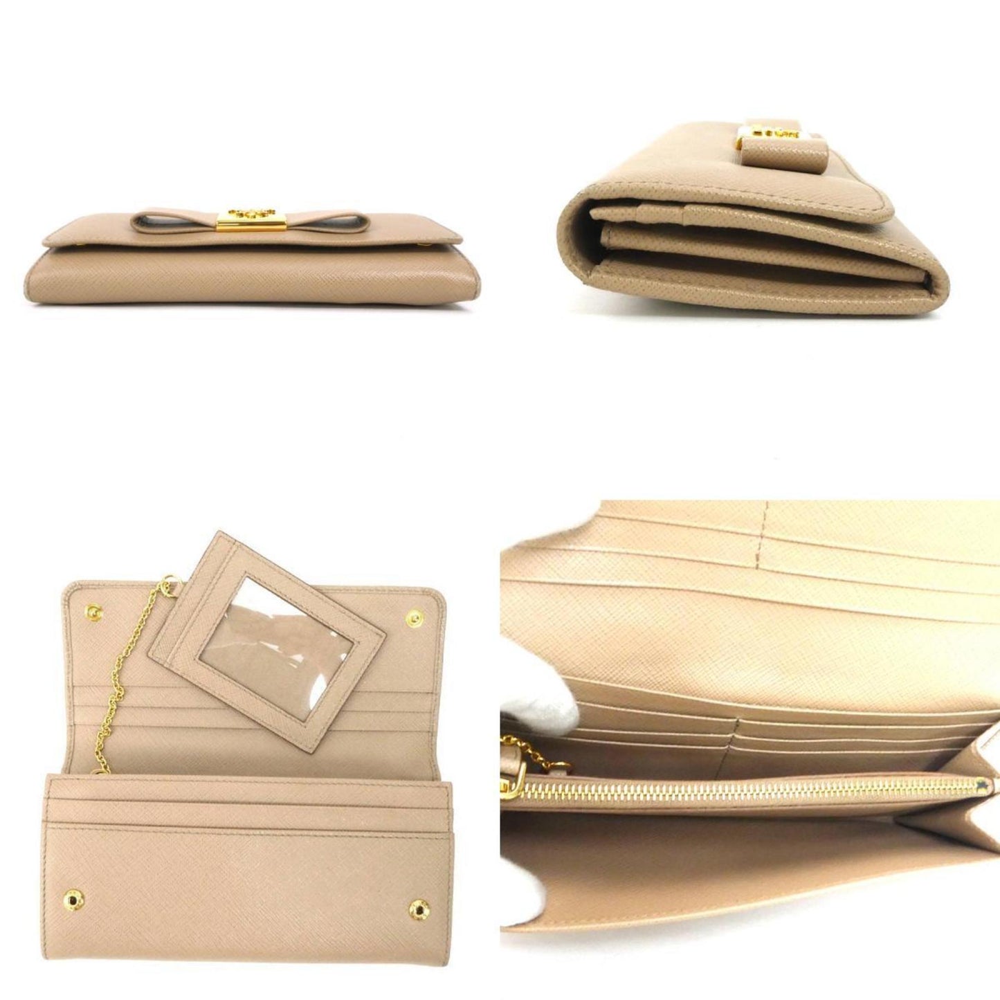 PRADA long wallet ribbon leather beige gold ladies