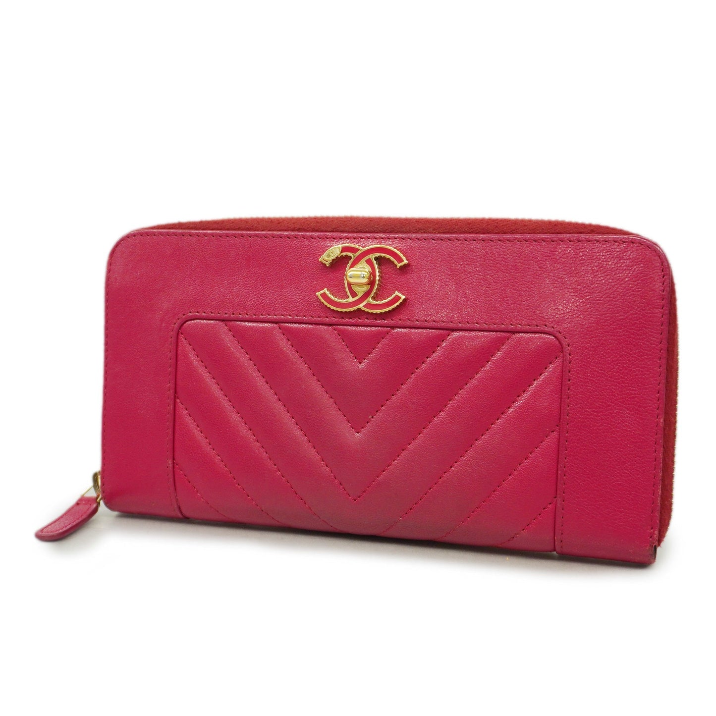 CHANELAuth  V-stitch Gold Hardware Women's Lambskin Long Wallet [bi-fold] Pink