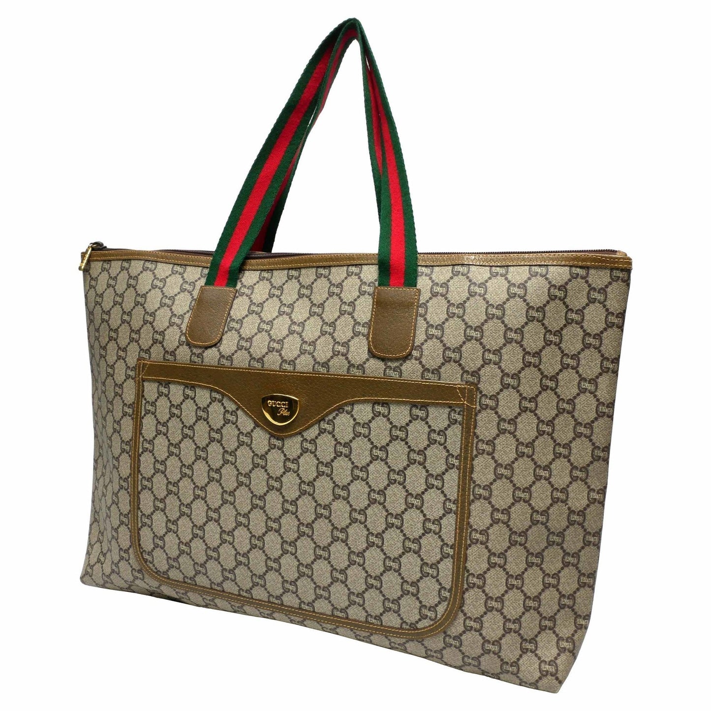 GUCCI Old GucciPLUS Plus Tote Bag Travel Boston Unisex 1970s 70'S GG Pattern Sherry Line/Pigskin Gold Hardware Brown/Beige