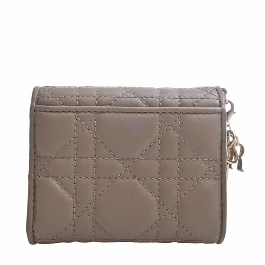 CHRISTIAN DIOR Lady Cannage Leather Lotus Trifold Wallet Beige Ladies