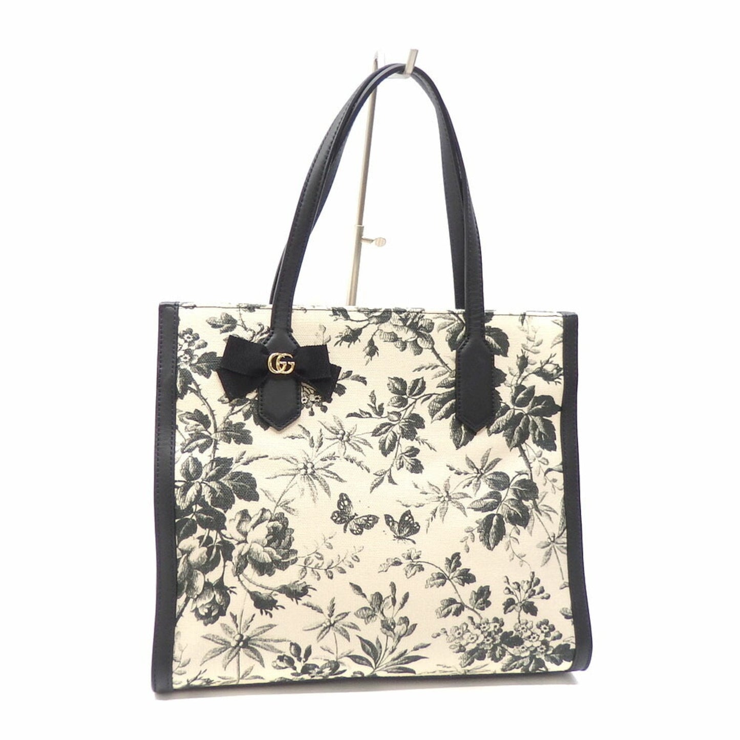 Gucci Herbarium Tote Bag Ladies Off-White Black Canvas Leather 432684 GG Ribbon Collection Day Limited Plant Butterfly