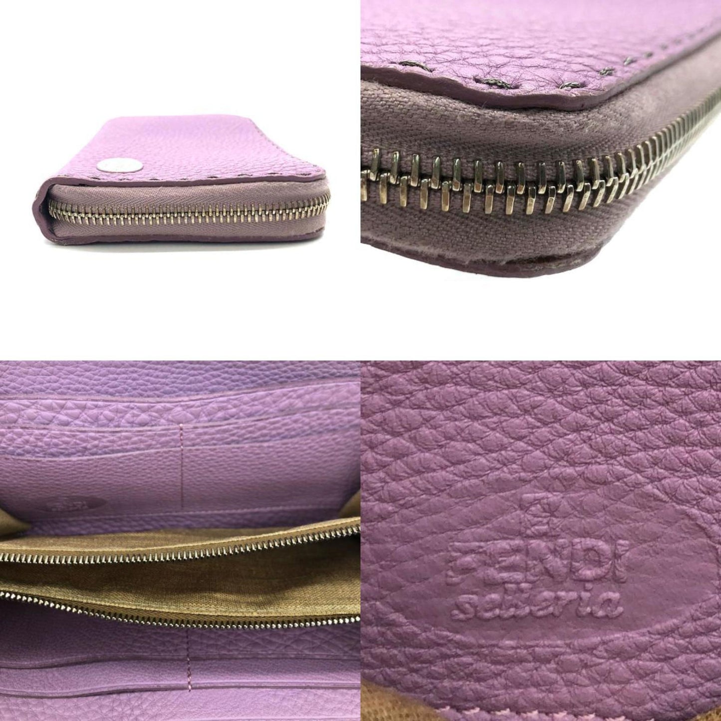 FENDI Round Zipper Long Wallet Selleria Leather Purple Ladies