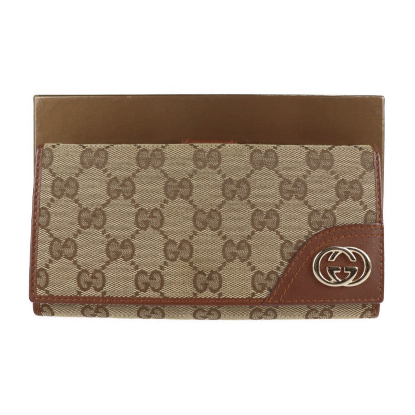 Gucci GG canvas bi-fold wallet 181593 leather brown gold metal fittings W hook long