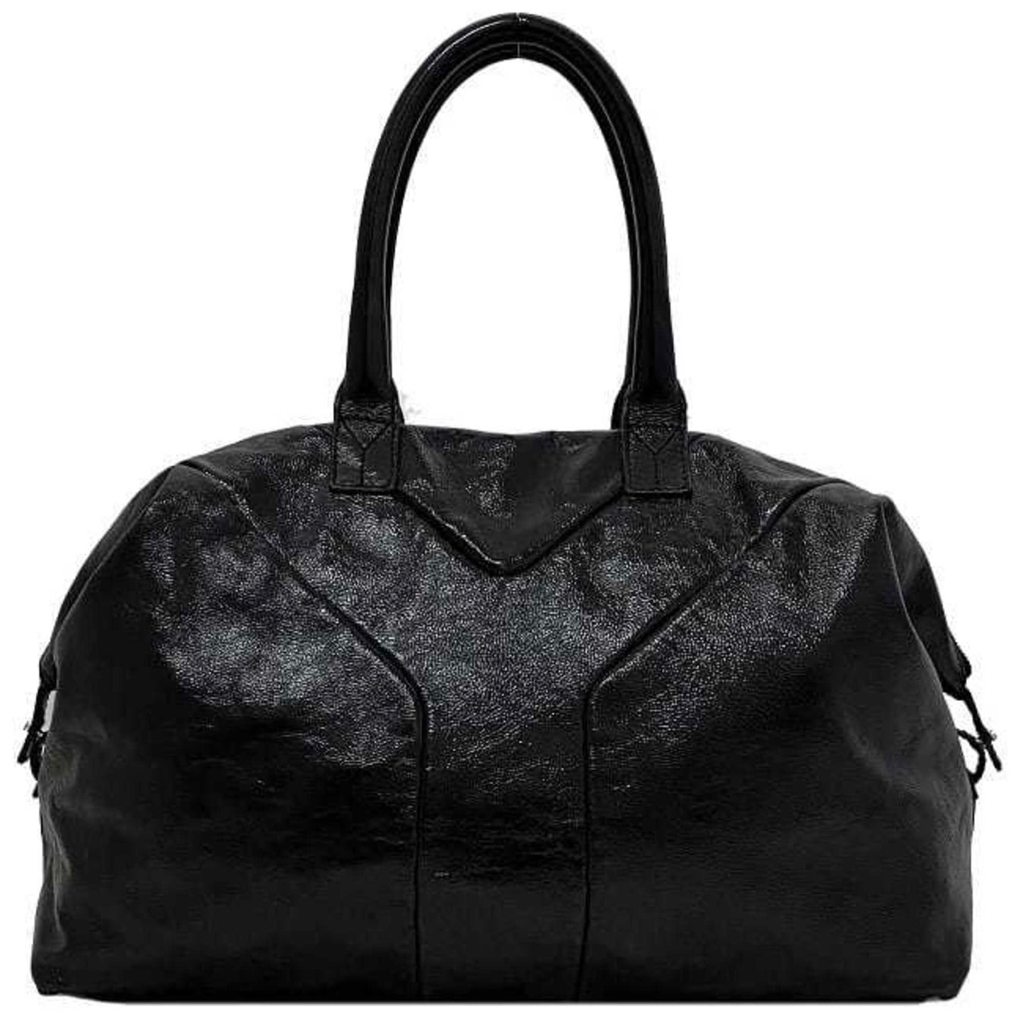 YVES SAINT LAURENT Easy Boston Bag Black Silver Tote Patent Leather  YSL Embroidery Stitch Y