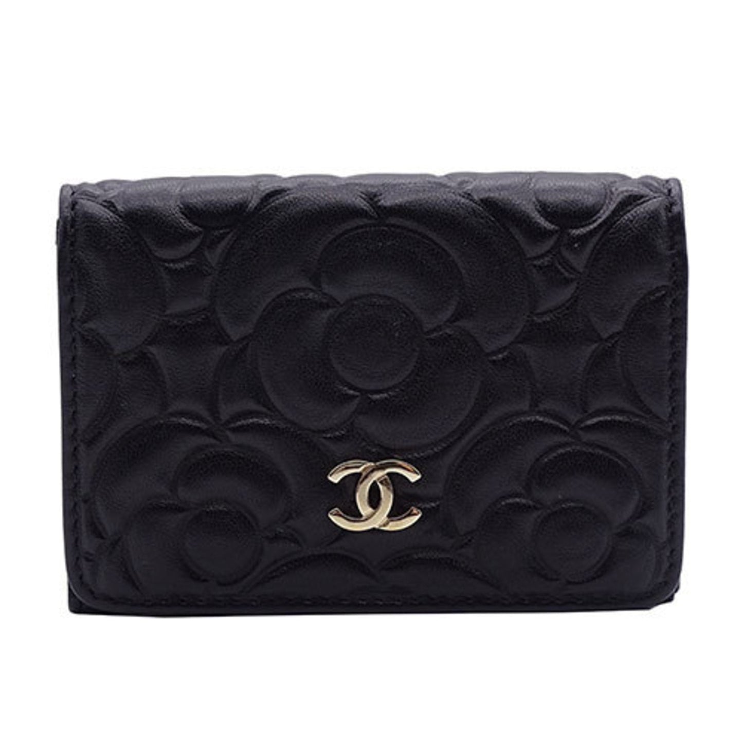 CHANEL Wallet Women's Trifold Leather Camellia Black