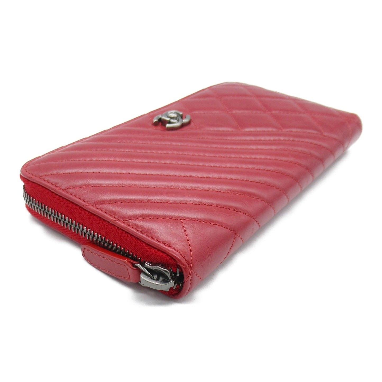 CHANEL Cocoboy cross stitch round long wallet Red leather