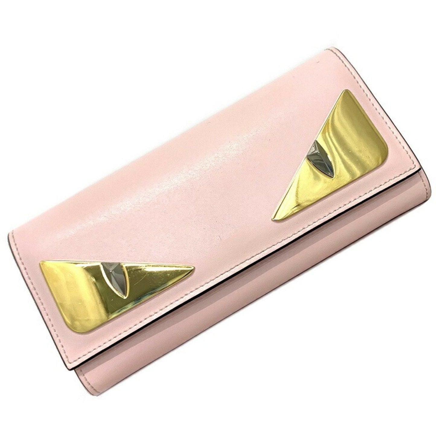 Fendi Long Bi-Fold Wallet Pink Gold Mon 8M0251 Leather GP FENDI Ladies Bugs Eye Motif Flap