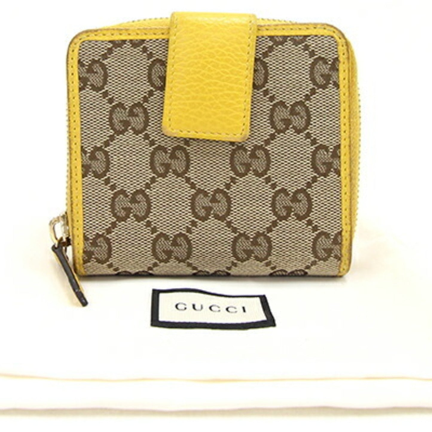 GUCCI Bifold Round Wallet GG Small Zip 346056 Beige Yellow Canvas Leather Ladies Double G