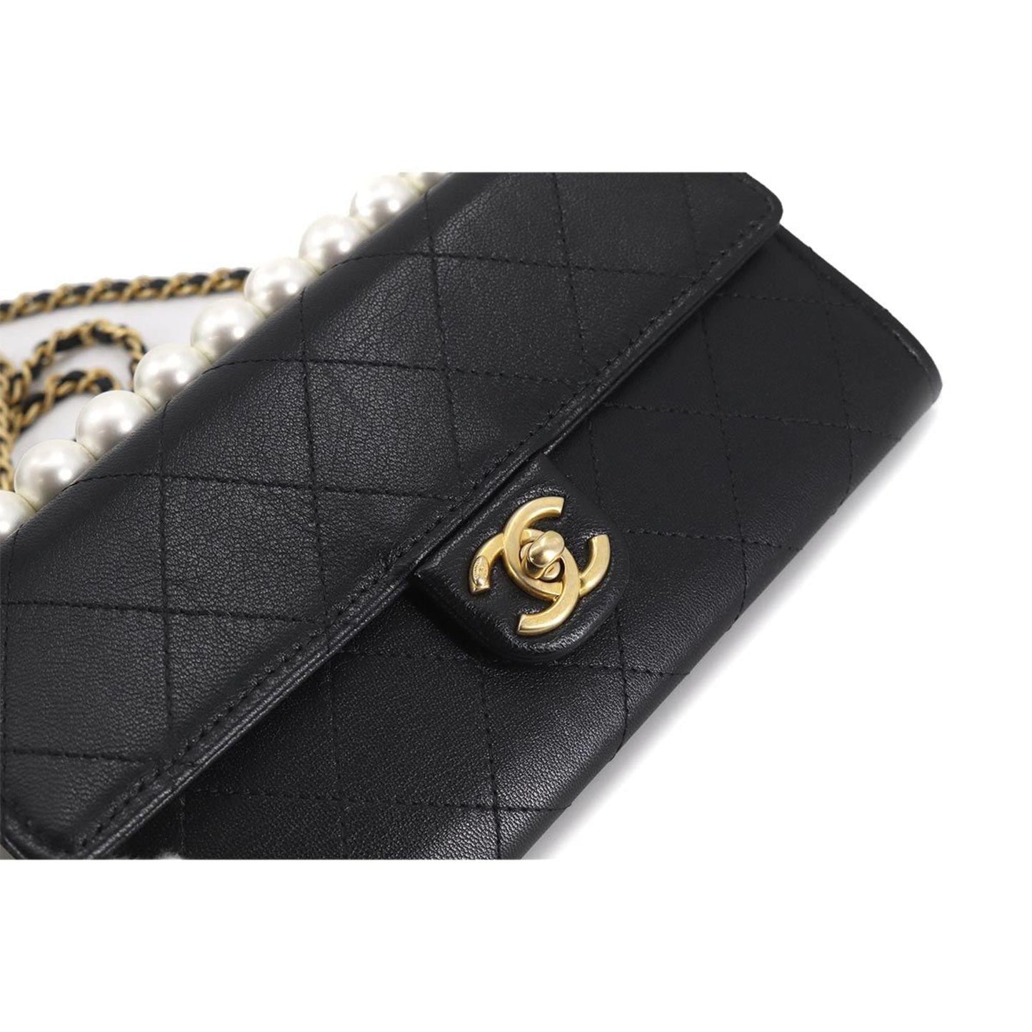 Chanel matelasse chain wallet long fake pearl leather black AP1001 gold metal fittings Chain Wallet