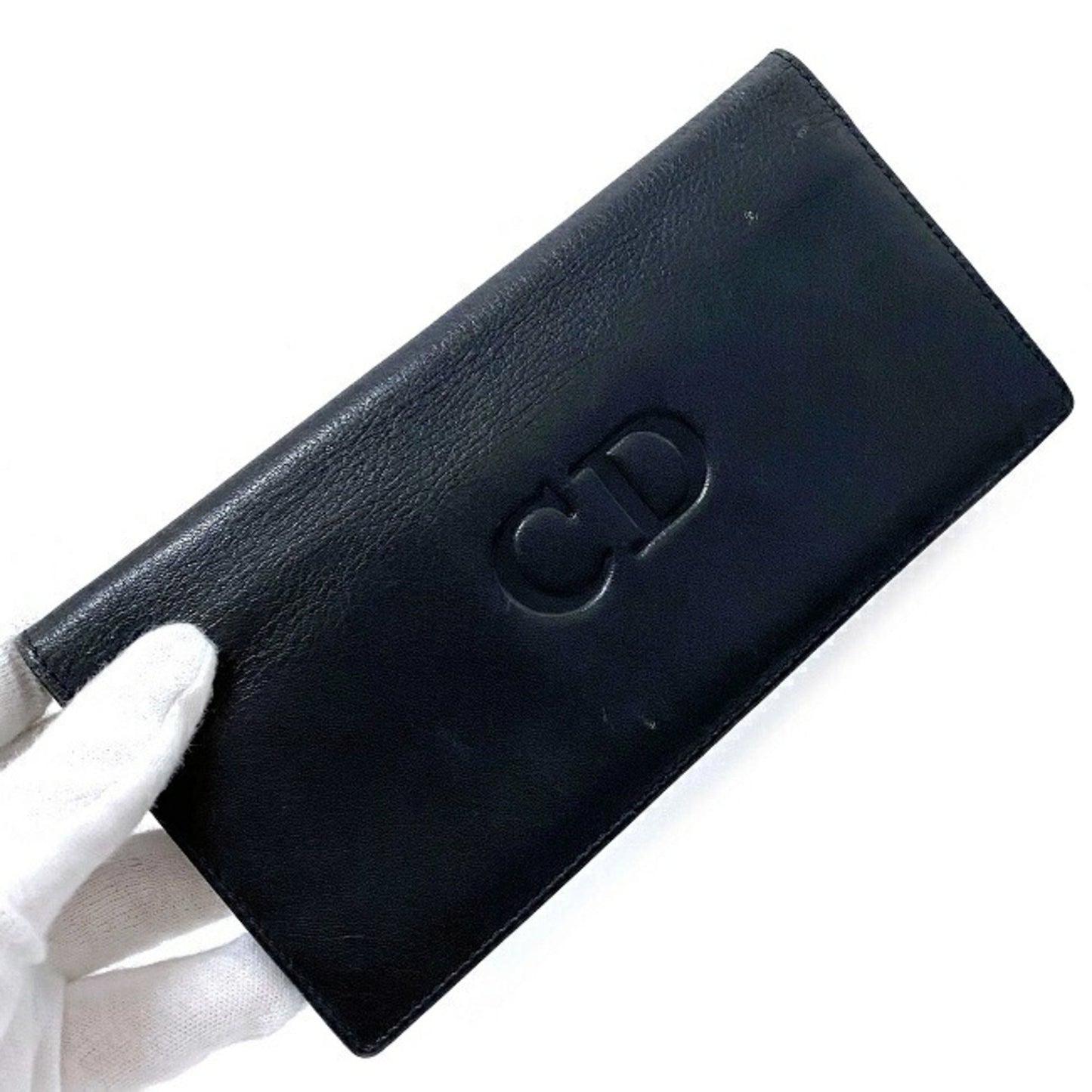 Christian Dior Folio Long Wallet Navy Leather Women's Dark Blue