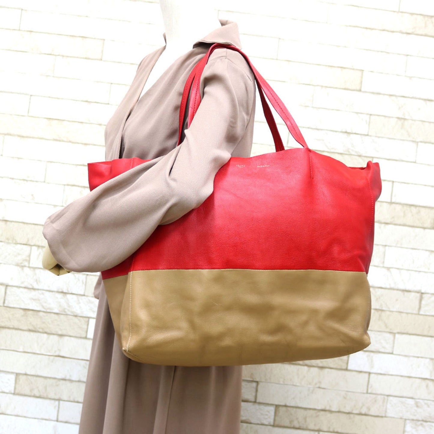 Celine Shoulder Bag Hippo Horizontal Tote 2way Red x Beige Ladies