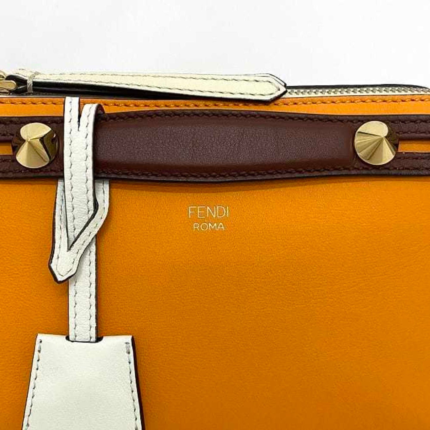 FENDI 2way visor way orange white brown 8BL145 leather  shoulder bag handbag pochette studs ladies