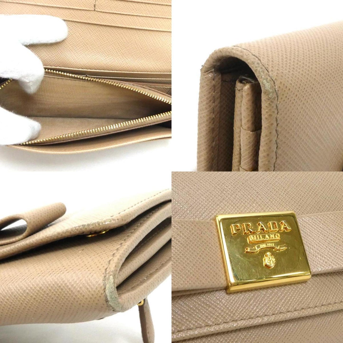 PRADA long wallet ribbon leather beige gold ladies