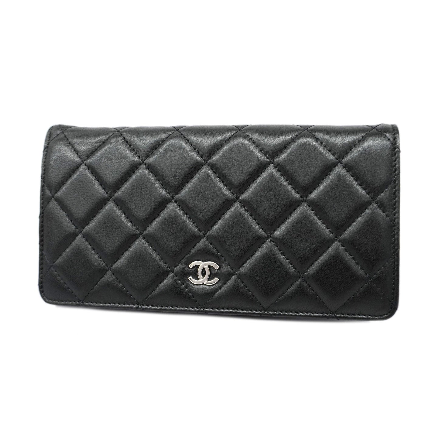 CHANEL  Matelasse Silver Metal Fittings Women's Lambskin Long Wallet Black