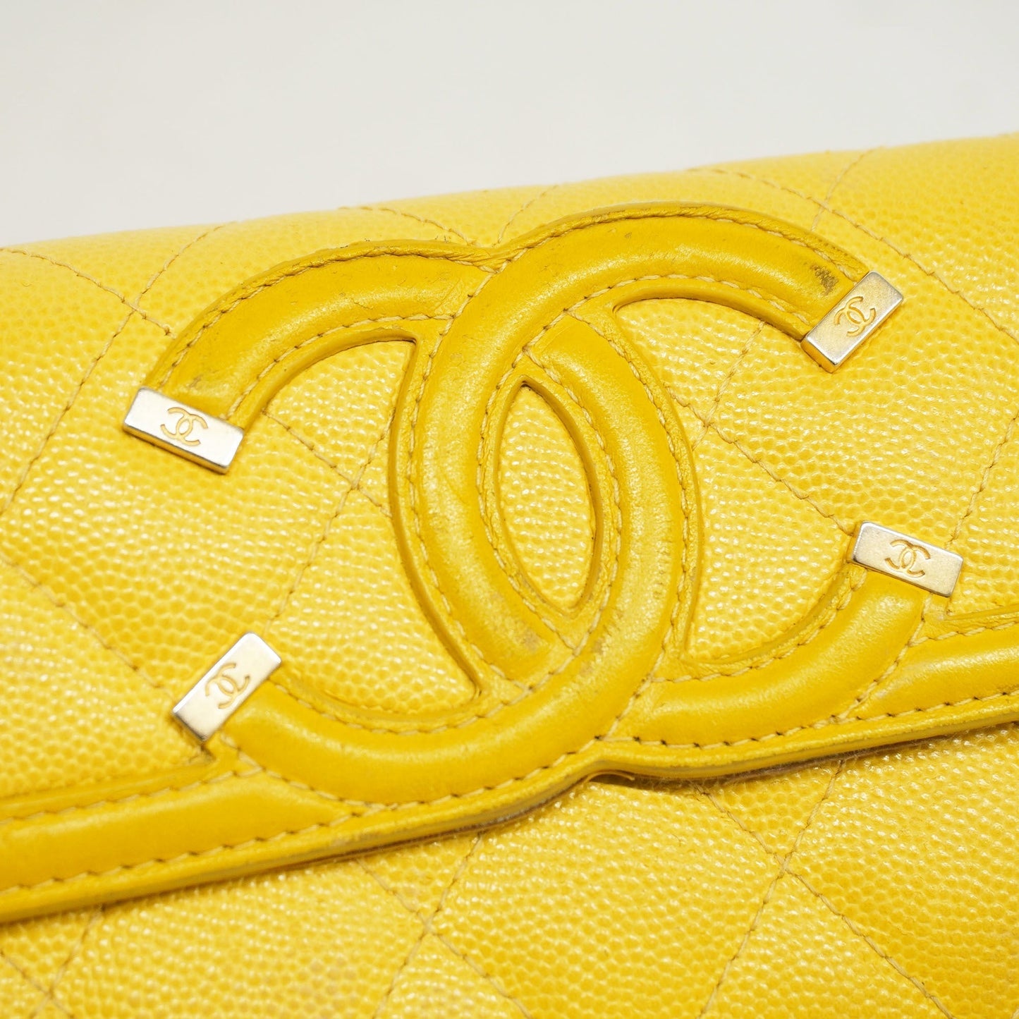 CHANEL  CC Filigree Gold Hardware Women's Caviar Leather Long Wallet Yellow