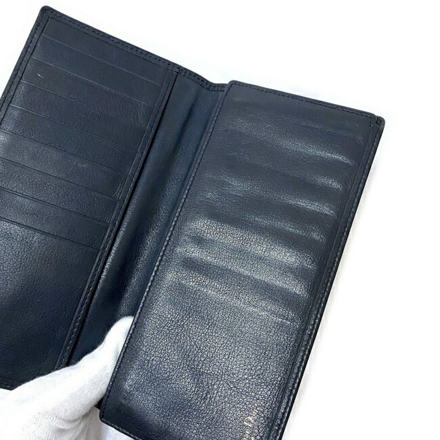 Christian Dior Folio Long Wallet Navy Leather Women's Dark Blue