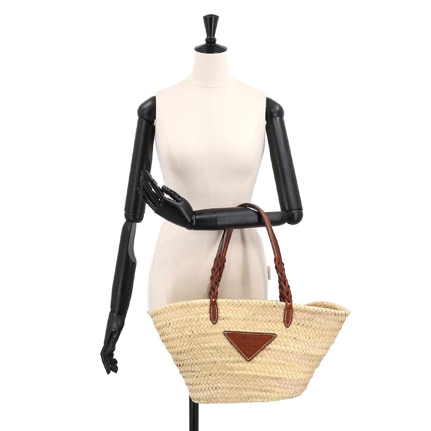 PRADA tote bag wicker leather natural cognac 1BG314 silver metal fittings woven palm Tote Bag