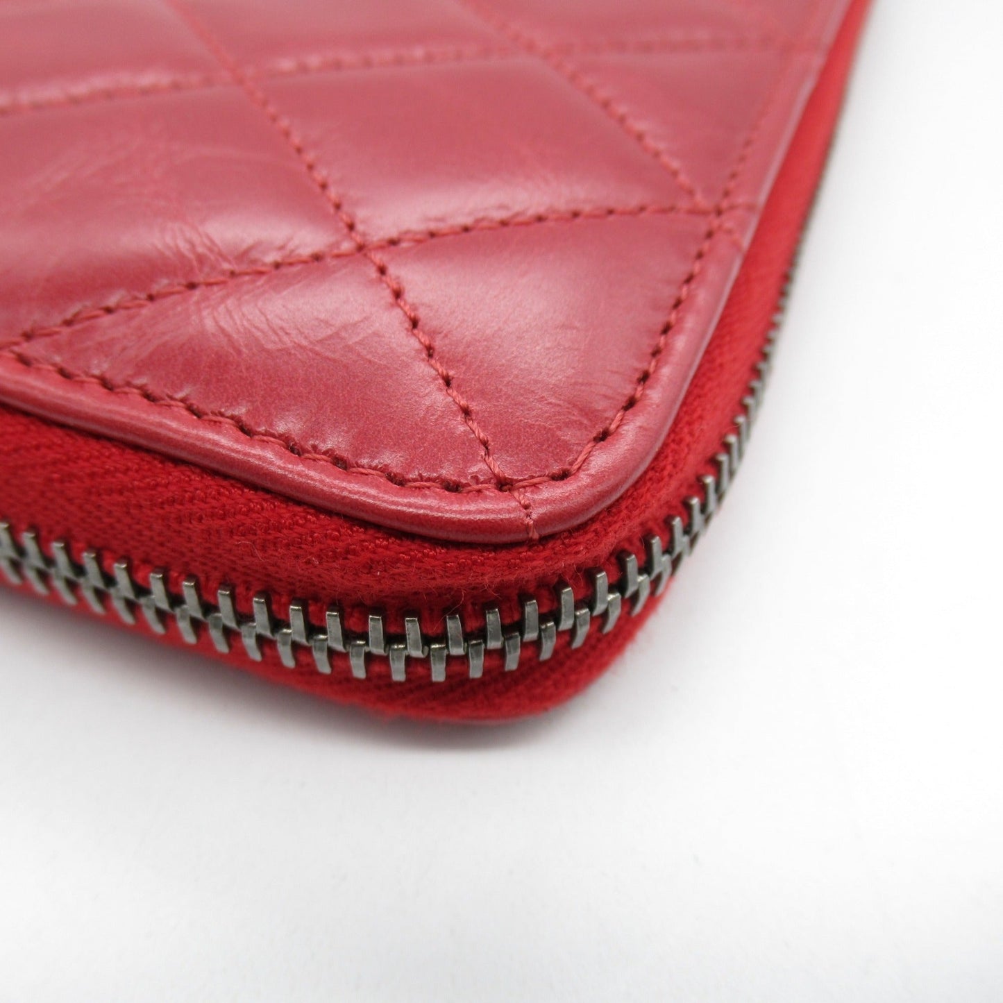 CHANEL Cocoboy cross stitch round long wallet Red leather