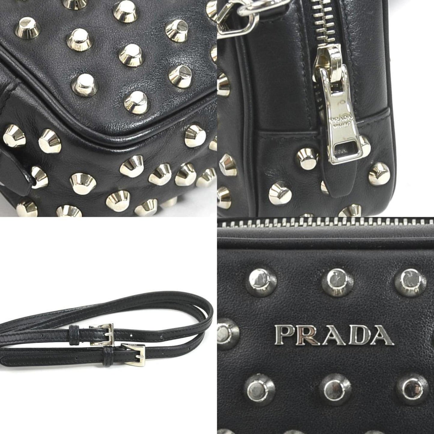 PRADA Crossbody Shoulder Bag Studded Leather/Metal Black/Silver Unisex