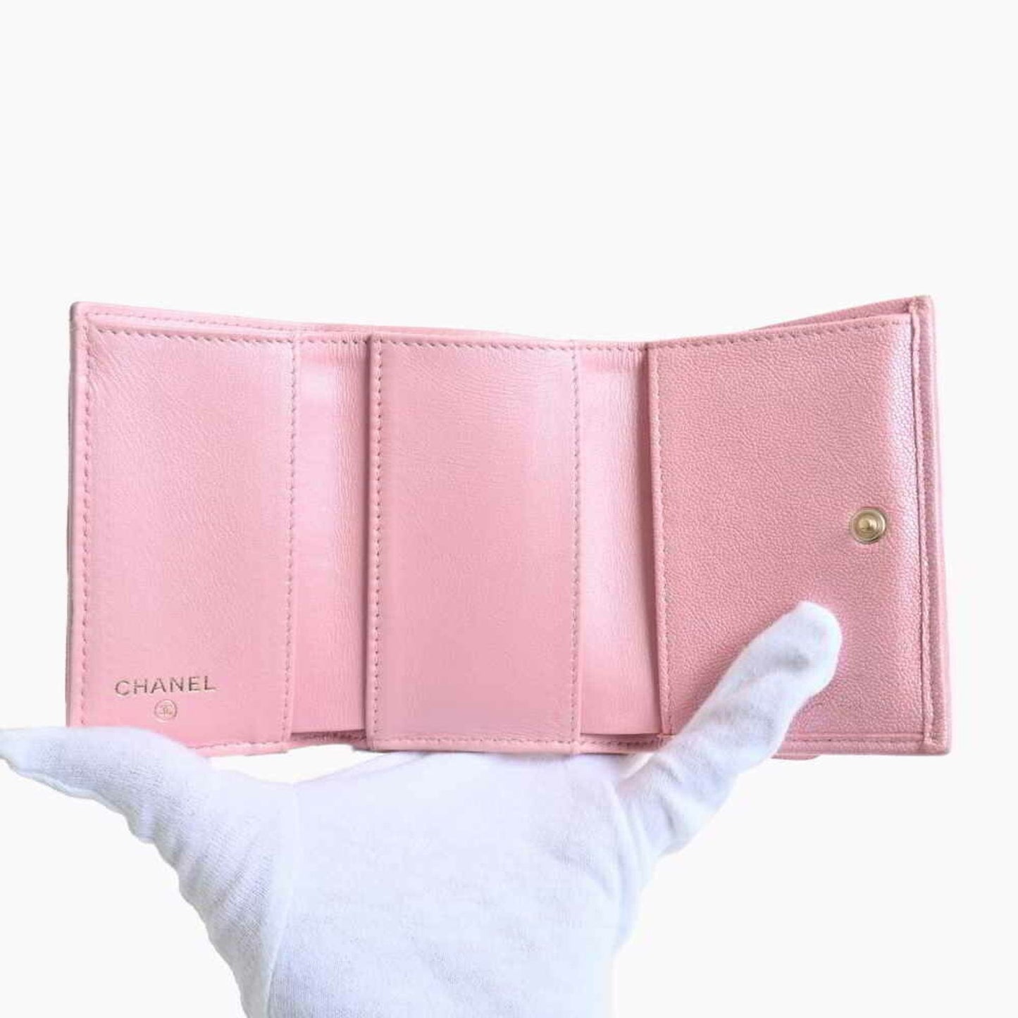 Chanel Caviar Skin Timeless Classic Matelasse Coco Mark Trifold Compact Wallet Pink