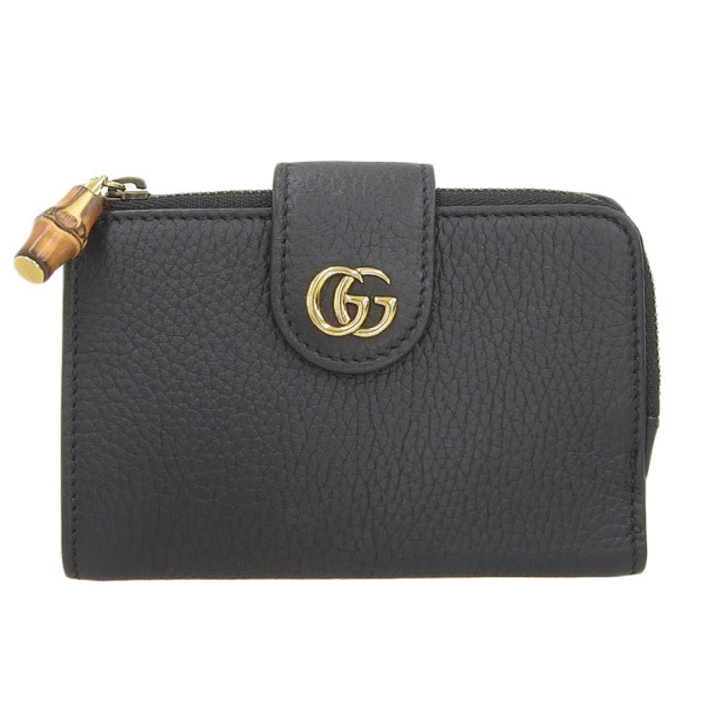 GUCCI Bamboo Leather Double G Medium L-shaped Bifold Wallet 739498 Black Women's