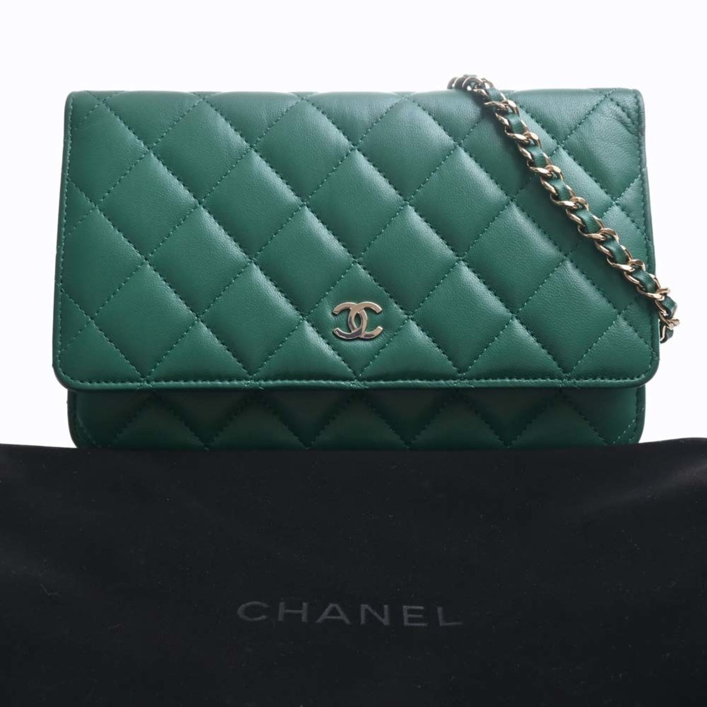 CHANEL Lambskin Matelasse Coco Mark Chain Shoulder Long Wallet Green Ladies