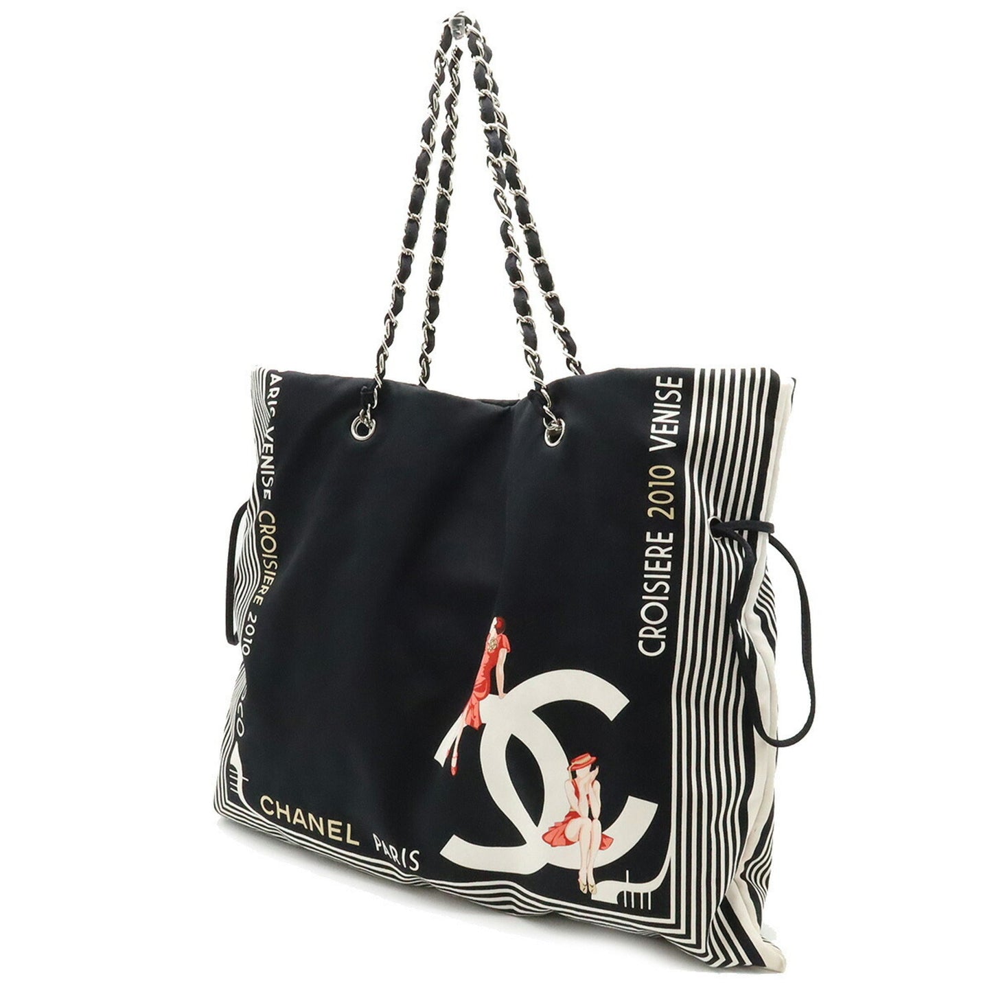 CHANEL 2010 Cruise Line Coco Mark Tote Bag Shoulder Chain Canvas Black White 7970