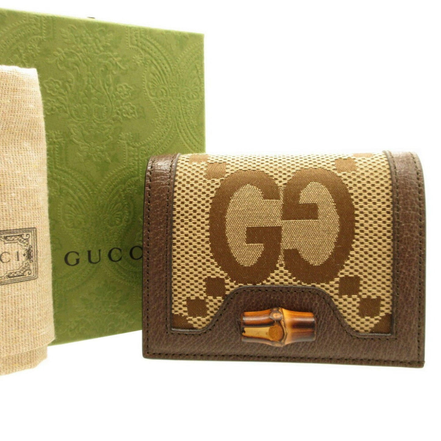 GUCCI 658244 Jumbo GG Bamboo Canvas Leather Brown Bifold Wallet 0153