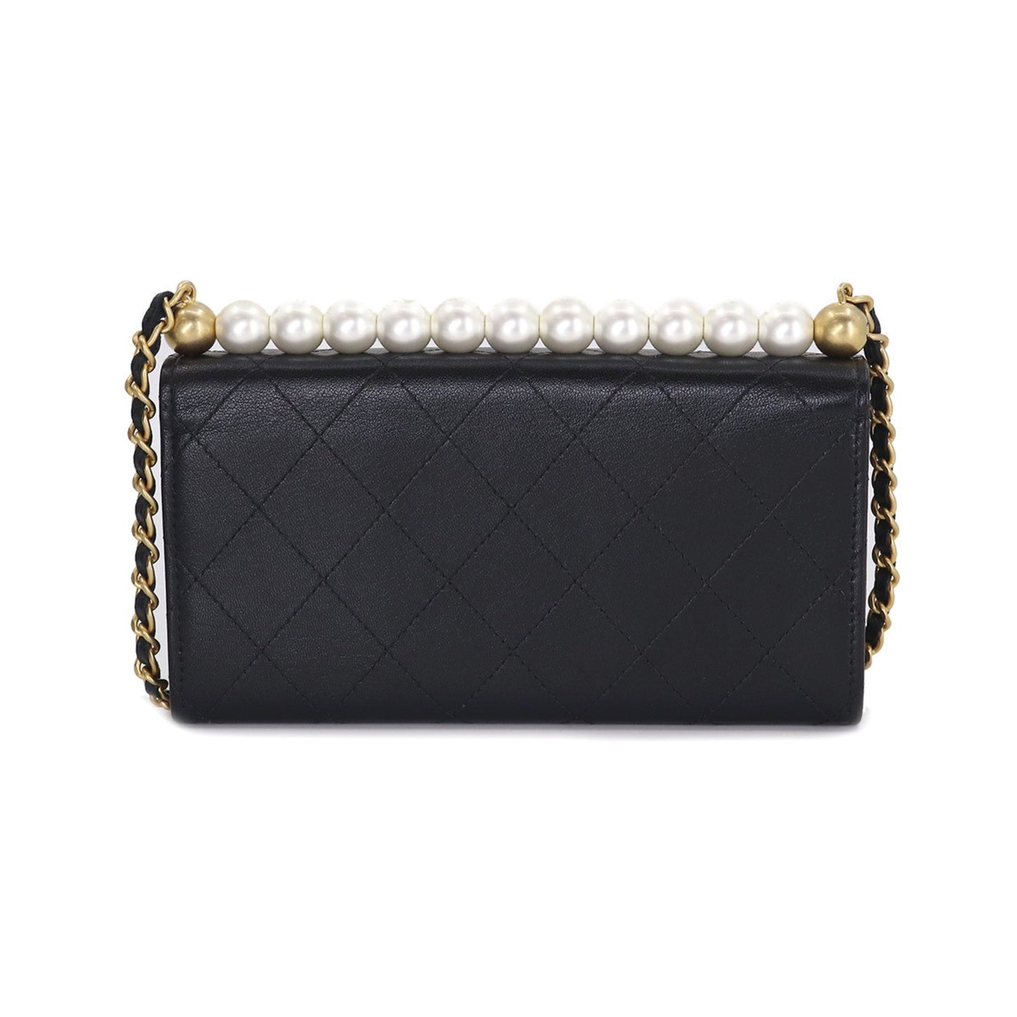 Chanel matelasse chain wallet long fake pearl leather black AP1001 gold metal fittings Chain Wallet