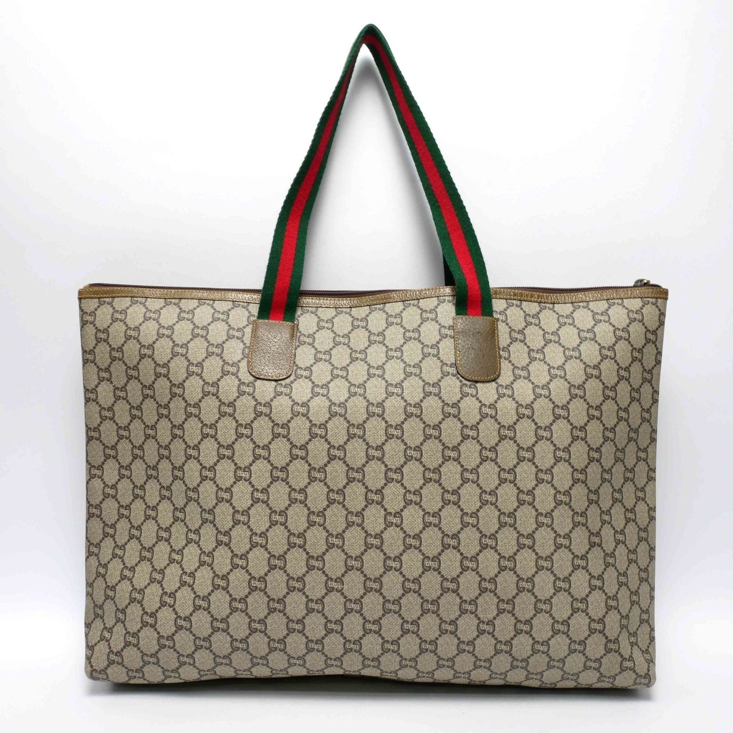 GUCCI Old GucciPLUS Plus Tote Bag Travel Boston Unisex 1970s 70'S GG Pattern Sherry Line/Pigskin Gold Hardware Brown/Beige