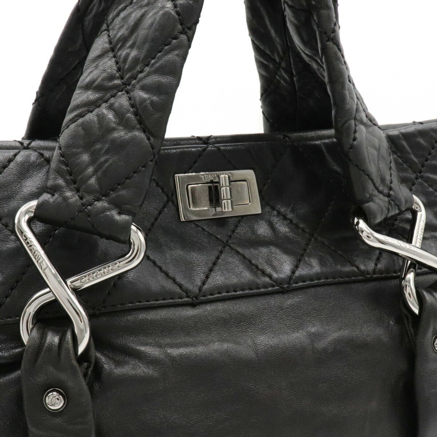 Chanel 2.55 matelasse tote bag handbag turn lock leather black