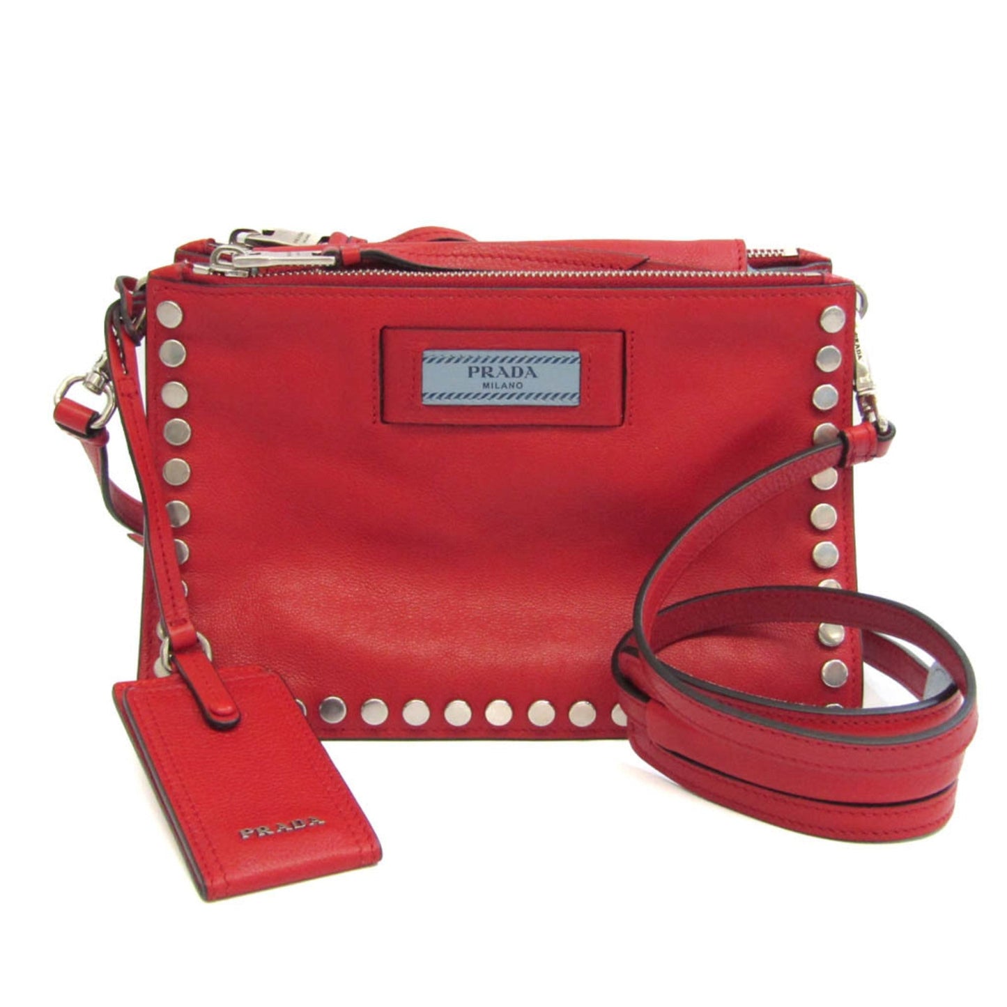 PRADA Etiquette Studs 1BH077 Women's Leather Shoulder Bag Red Color