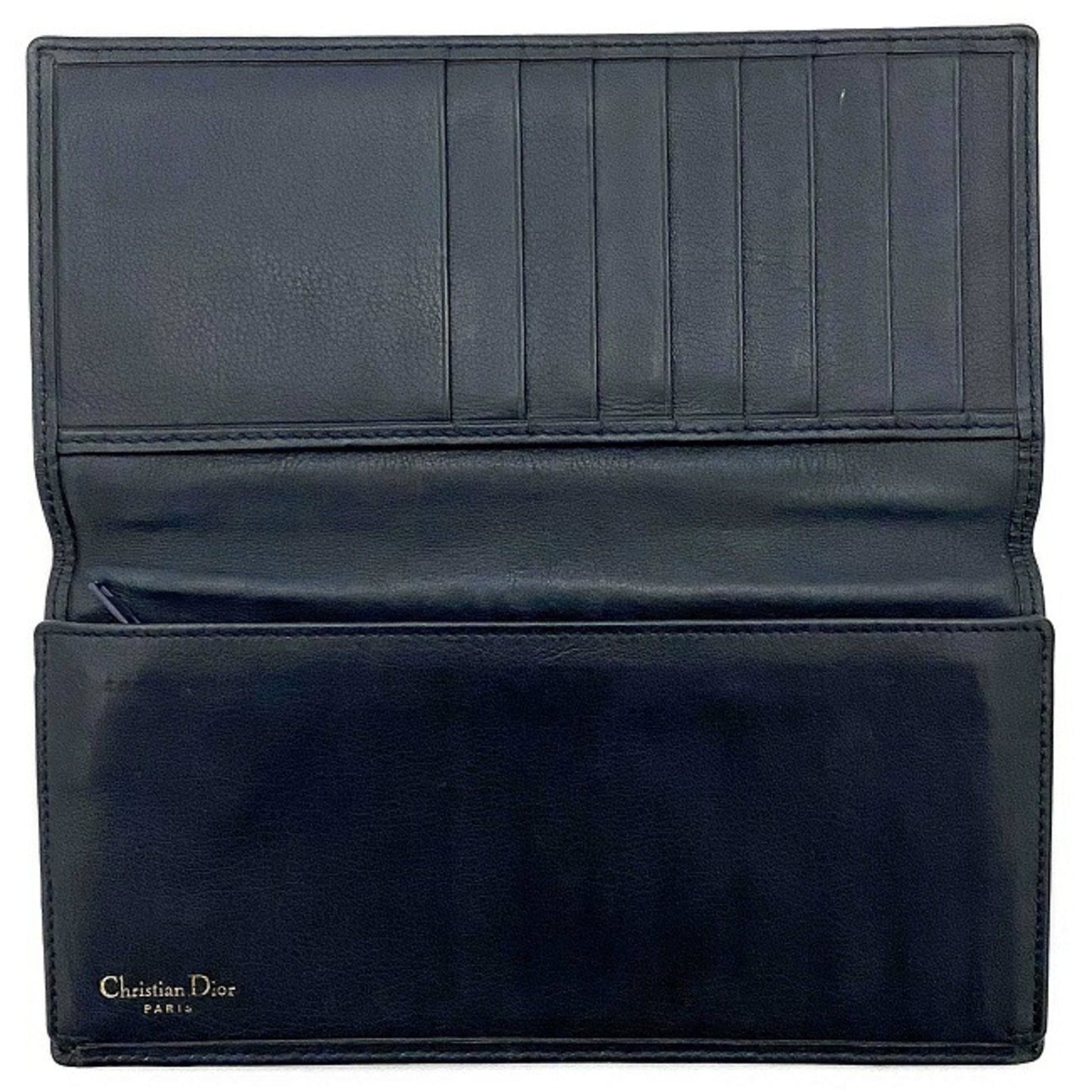 Christian Dior Folio Long Wallet Navy Leather Women's Dark Blue