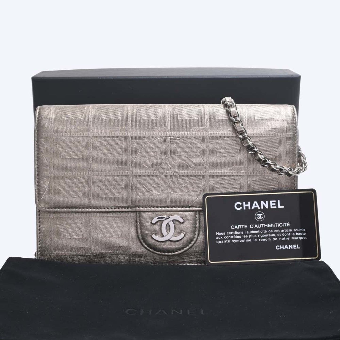 CHANEL Nylon New Line Chain Shoulder Long Wallet Gold Women's