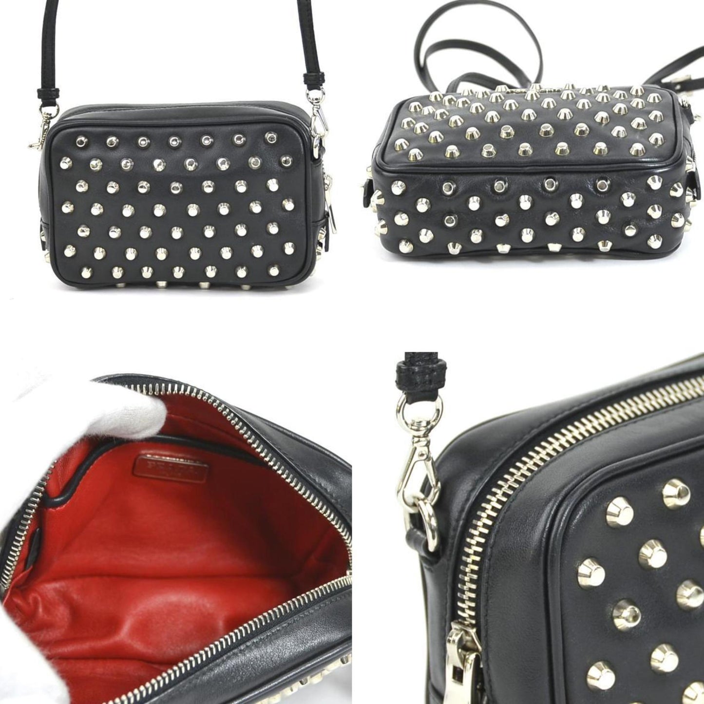 PRADA Crossbody Shoulder Bag Studded Leather/Metal Black/Silver Unisex