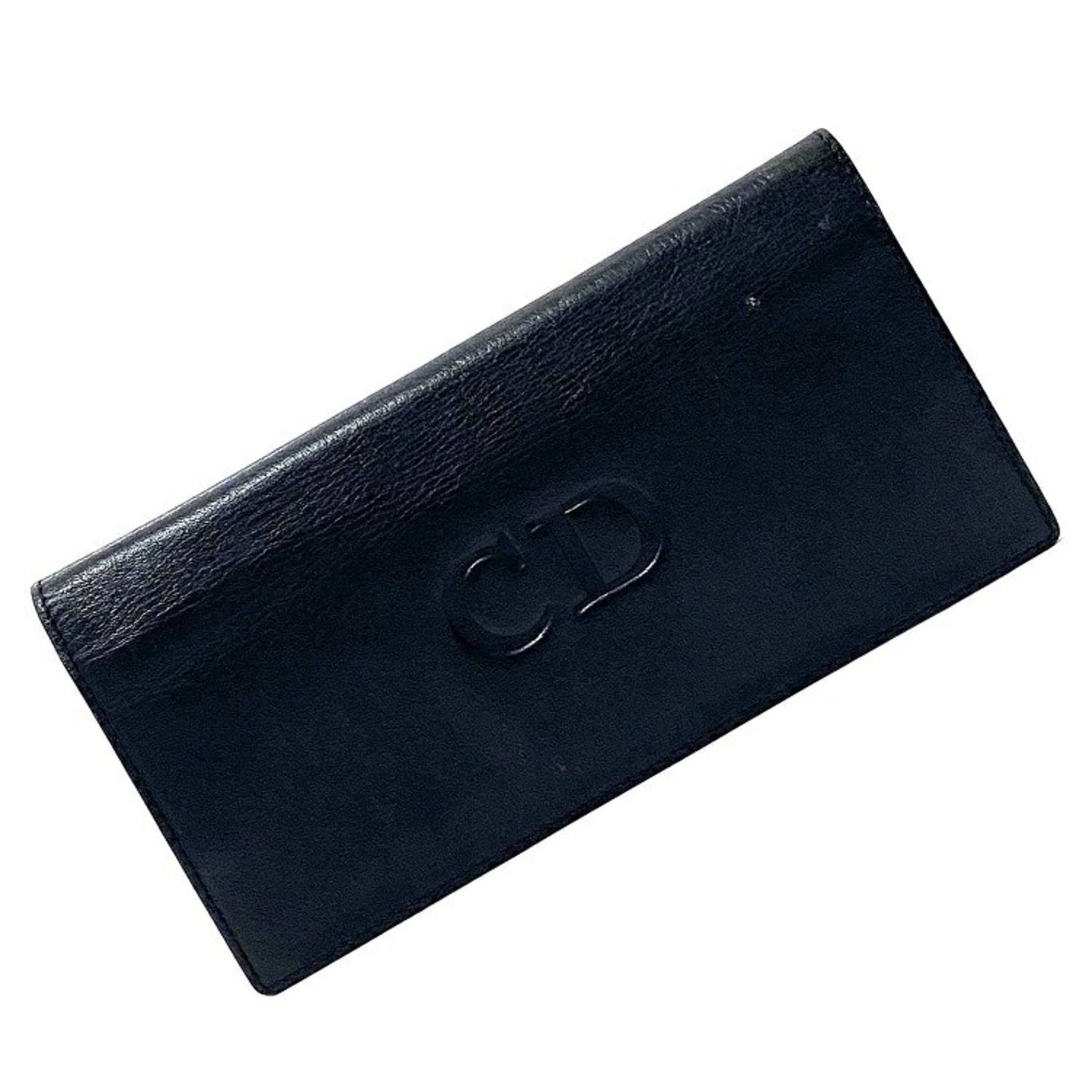 Christian Dior Folio Long Wallet Navy Leather Women's Dark Blue