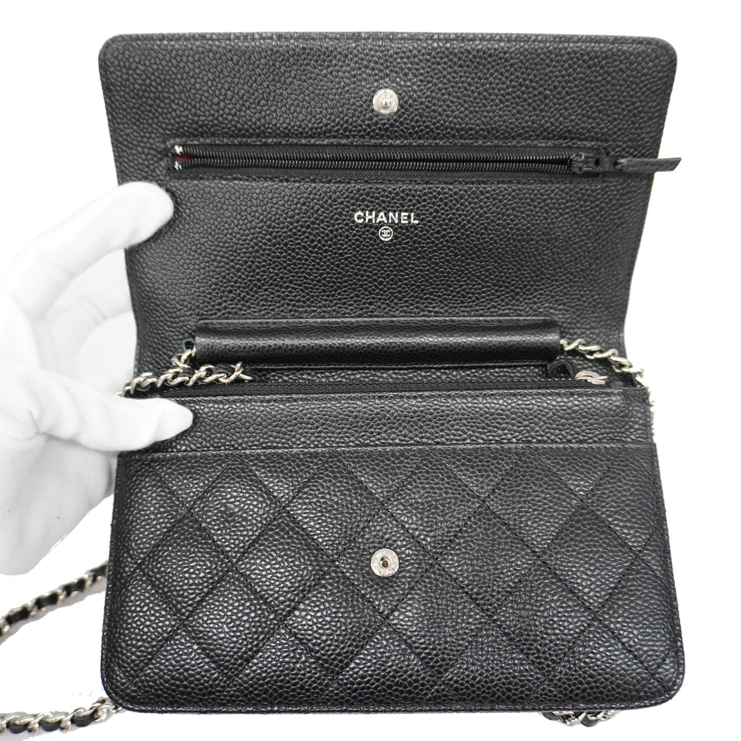 CHANEL  Matelasse Silver Hardware Caviar Leather Chain/Shoulder Wallet Black