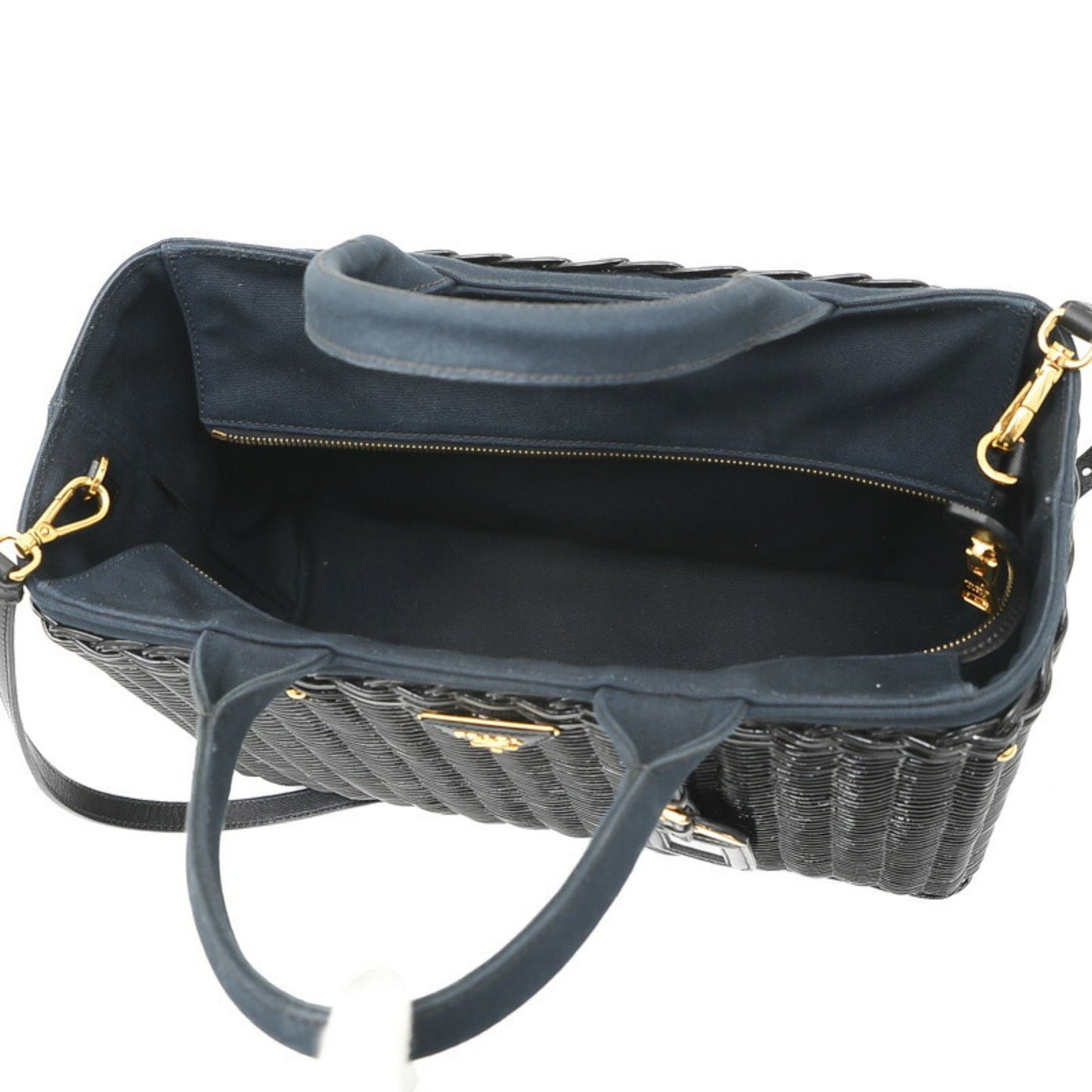 PRADA Basket Bag 2Way Rattan/Canvas Black/Navy BN2834