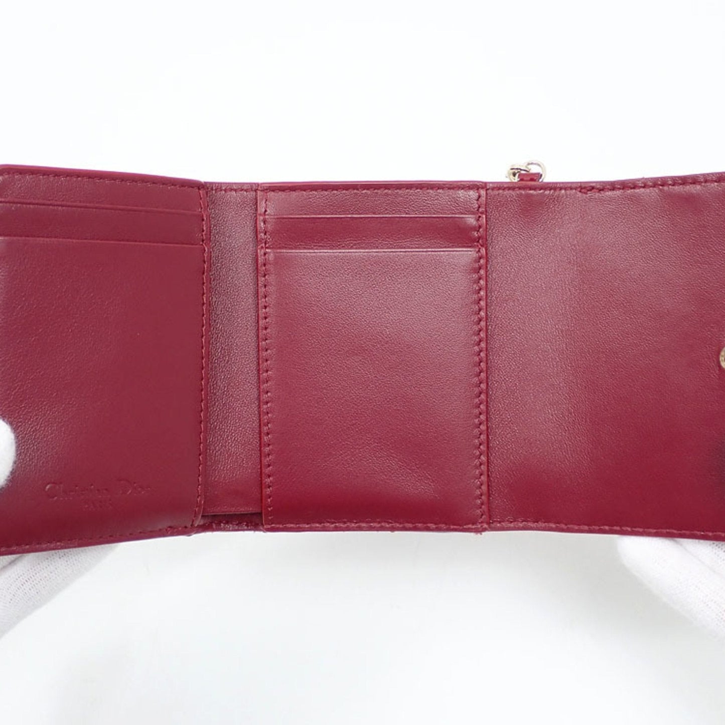 CHRISTIAN DIOR Tri-fold Wallet Cannage LADY DIOR Lotus Women's Cherry Red Patent Calf Leather S0181OVRB_M323